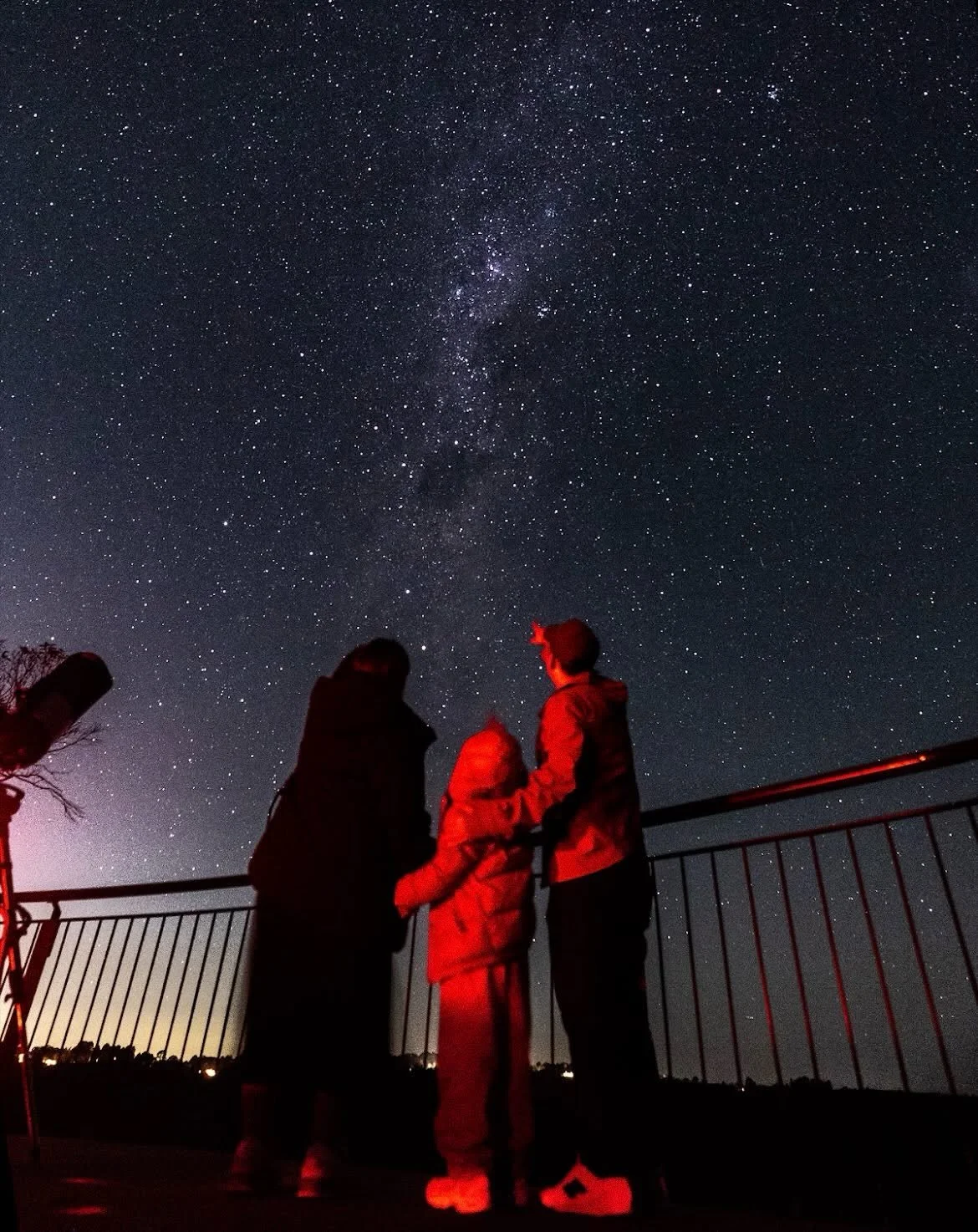 Group of people stargazing under a star-filled night sky in the Blue Mountains, illuminated by red night lights among trees