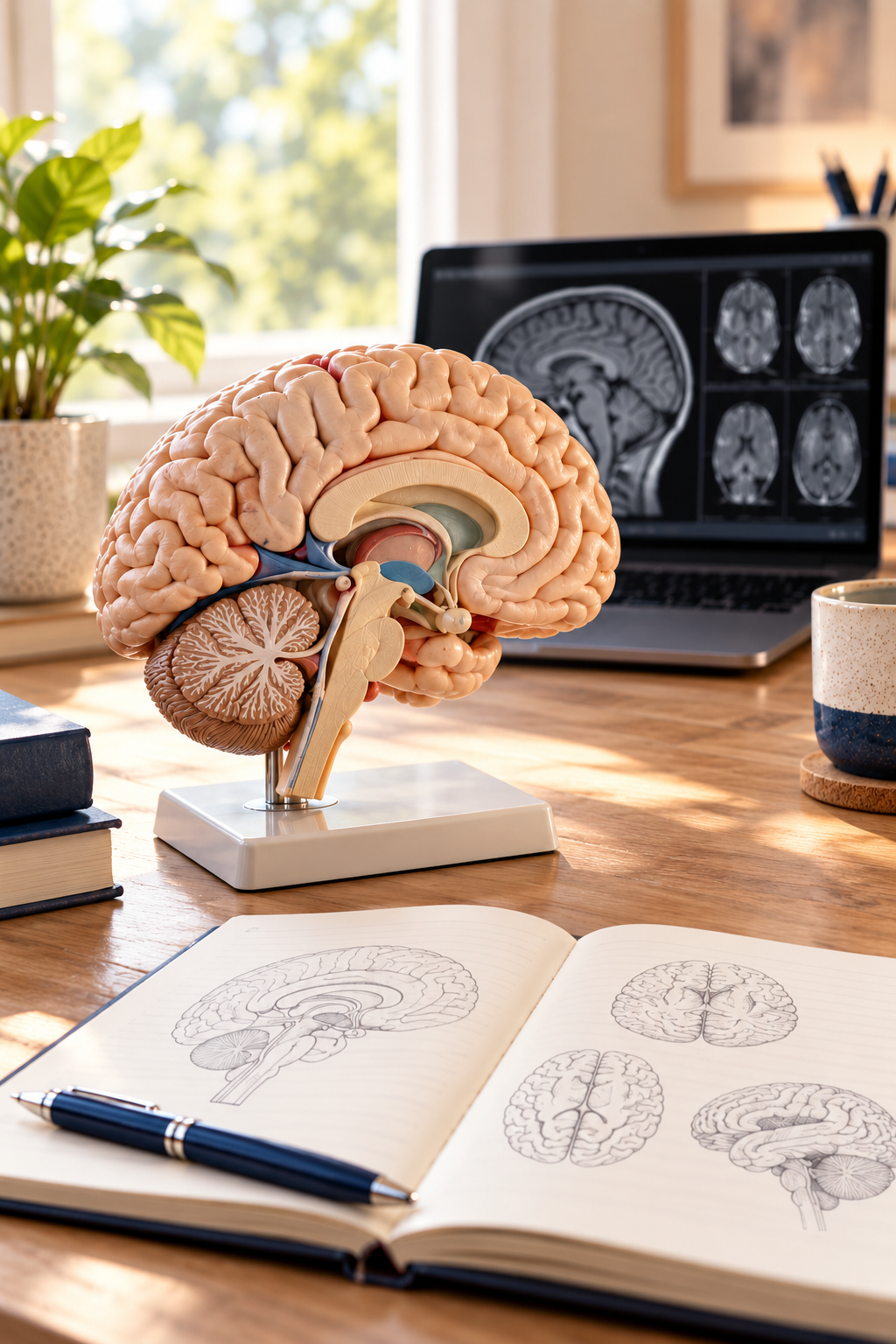 A detailed anatomical model of the human brain on a table, with an open notebook showing drawings of brain diagrams, a pen, a stack of books, a plant, a computer displaying brain scans, and a coffee mug, in a well-lit room with a window and framed picture on the wall.