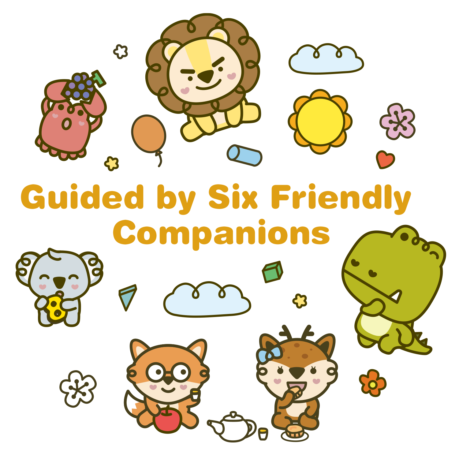 Colorful cartoon illustration featuring six friendly Queebi animal characters with cheerful expressions, surrounded by clouds, flowers, a tea set, and a balloon. The text reads: "Guided by Six Friendly Companions."