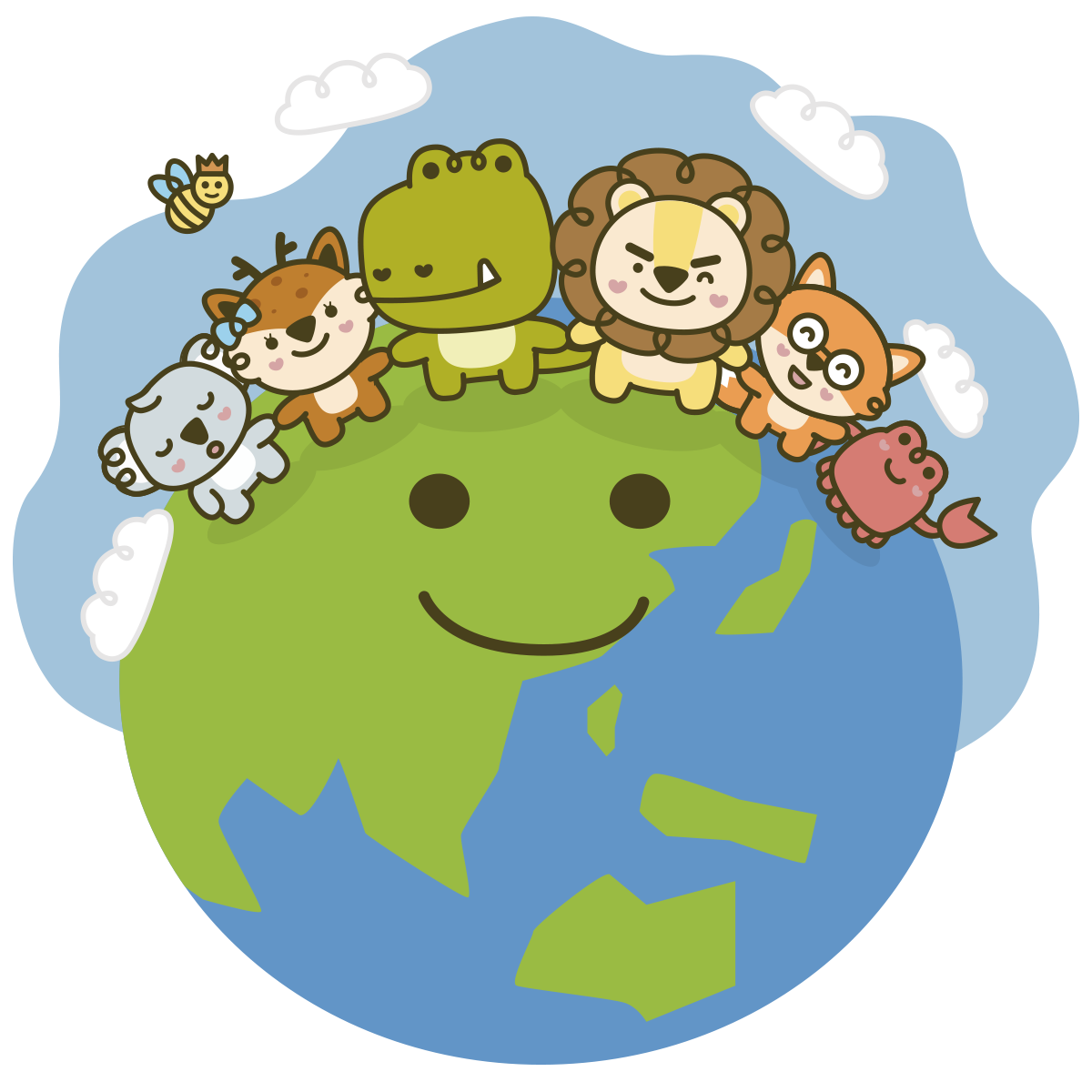 Cartoon illustration of a smiling globe Earth with Queebi animals on top.