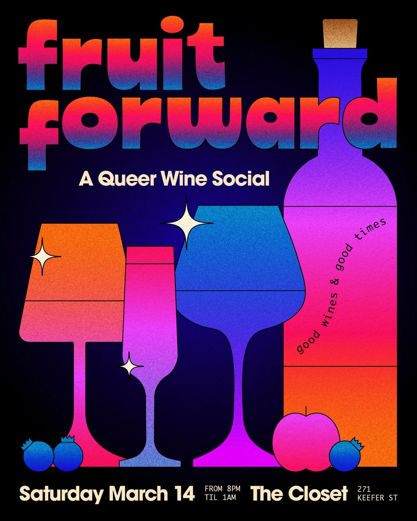 Poster design for @fruitforward.winesocial 🍷🫐🍑🍾

Thanks (as always) to @softieshan and @tadiarae for trusting me and allowing me freedom to explore 🙏 I am *eternally* grateful to have a job where I get to be creative every day and produce work f