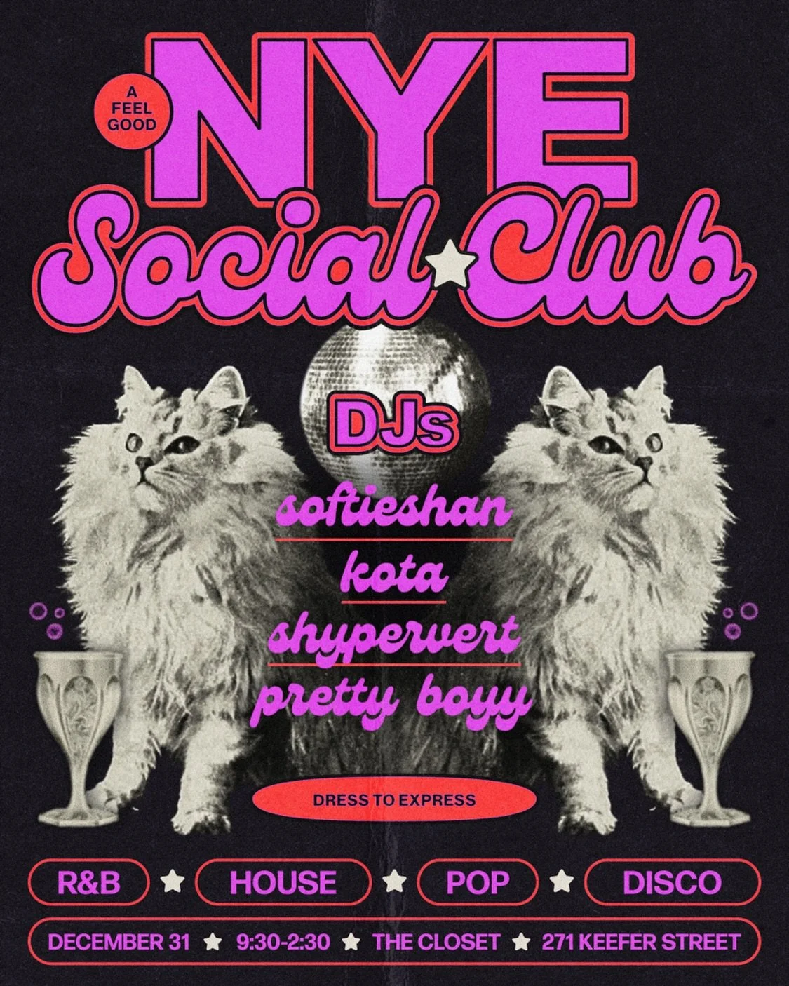 Ah... to be bookended by two Maine Coons drinking bubbly under the glimmering light of a disco ball - now that's my kind of pussy palace! 🐈&zwj;⬛🥂🪩🍾🐈&zwj;⬛

Get your tickets to @softieshan's NYE party - it's an intimate space with good drinks, g