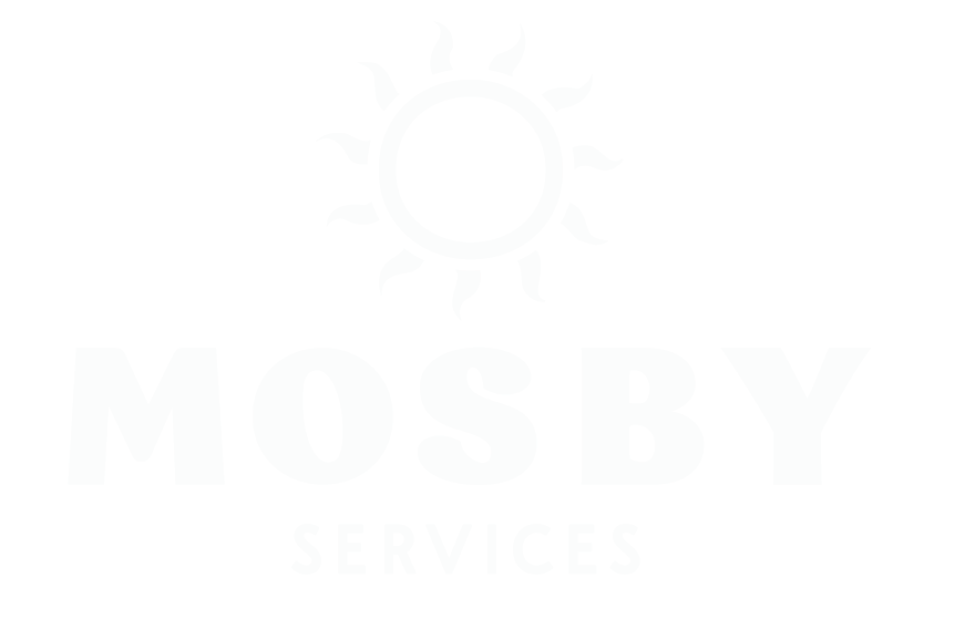 Mosby Services Logo in white - a simple sun graphic with mosby services text below
