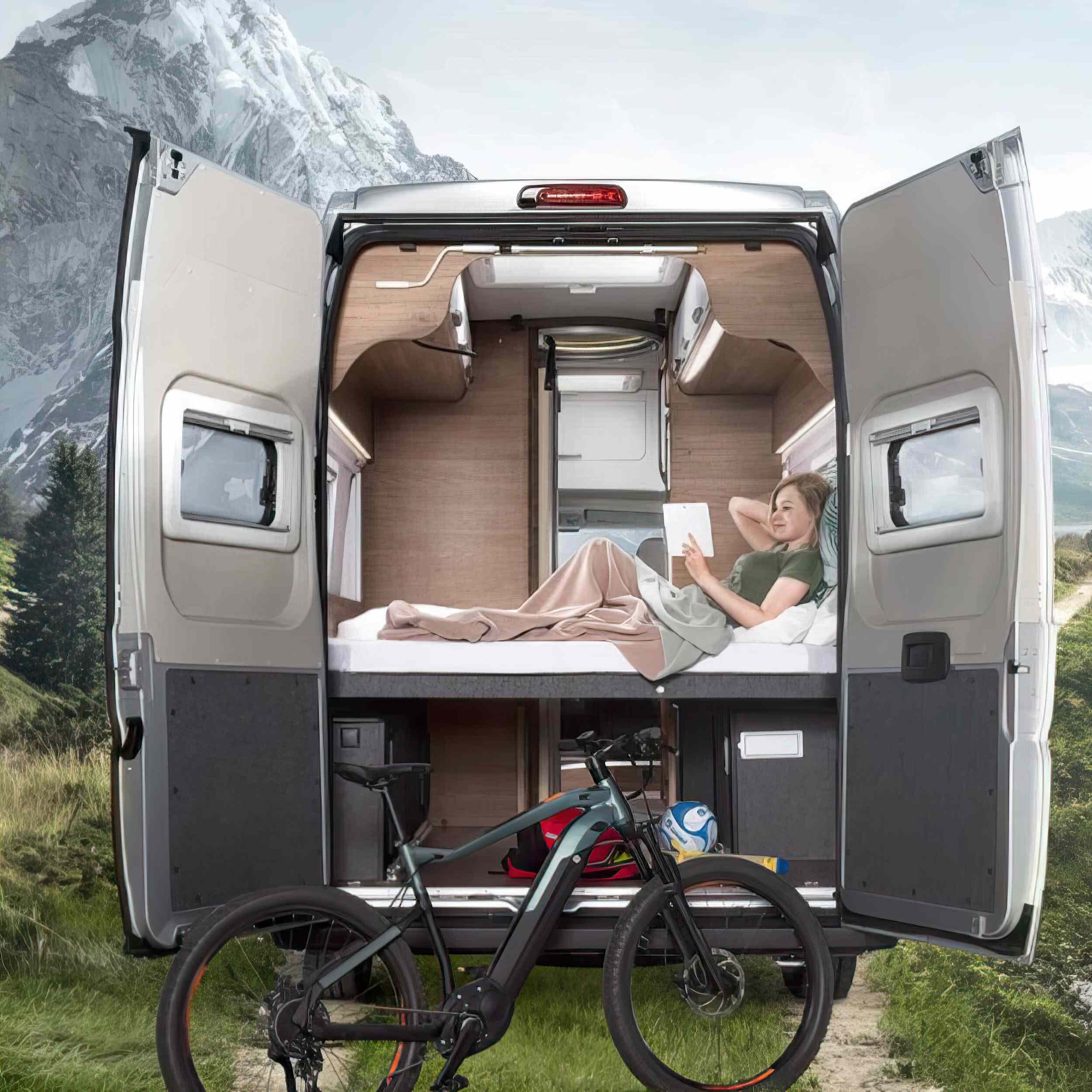  If that wasn't impressive enough, the van's multifunctional furniture also allows campers to pack in bikes, boards, and other gear for the trip.  
