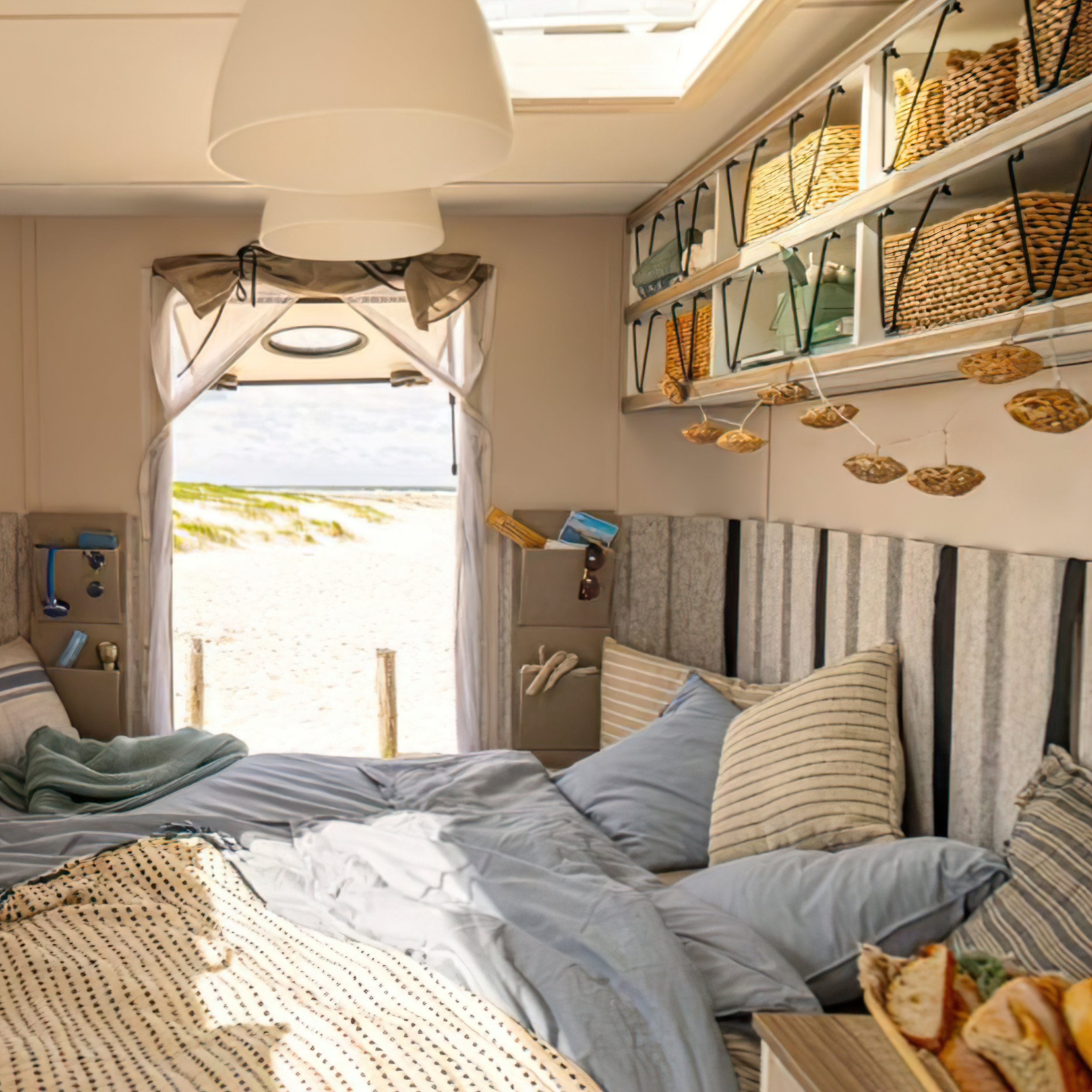  At first glance, the Beachy gives off a retro-chic surfer vibe – sleek lines and a glossy exterior on the outside - with warm, cozy, modern fabrics on the inside. You can't help but relax and feel at home when you're on board. 