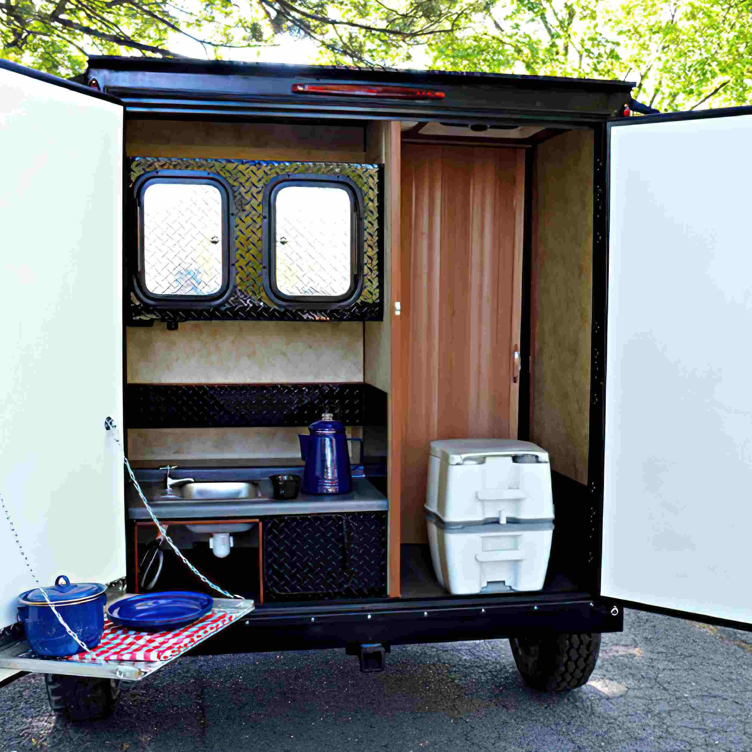  At the rear of the camper, double barn doors open up for quick and easy disposal of waste. 