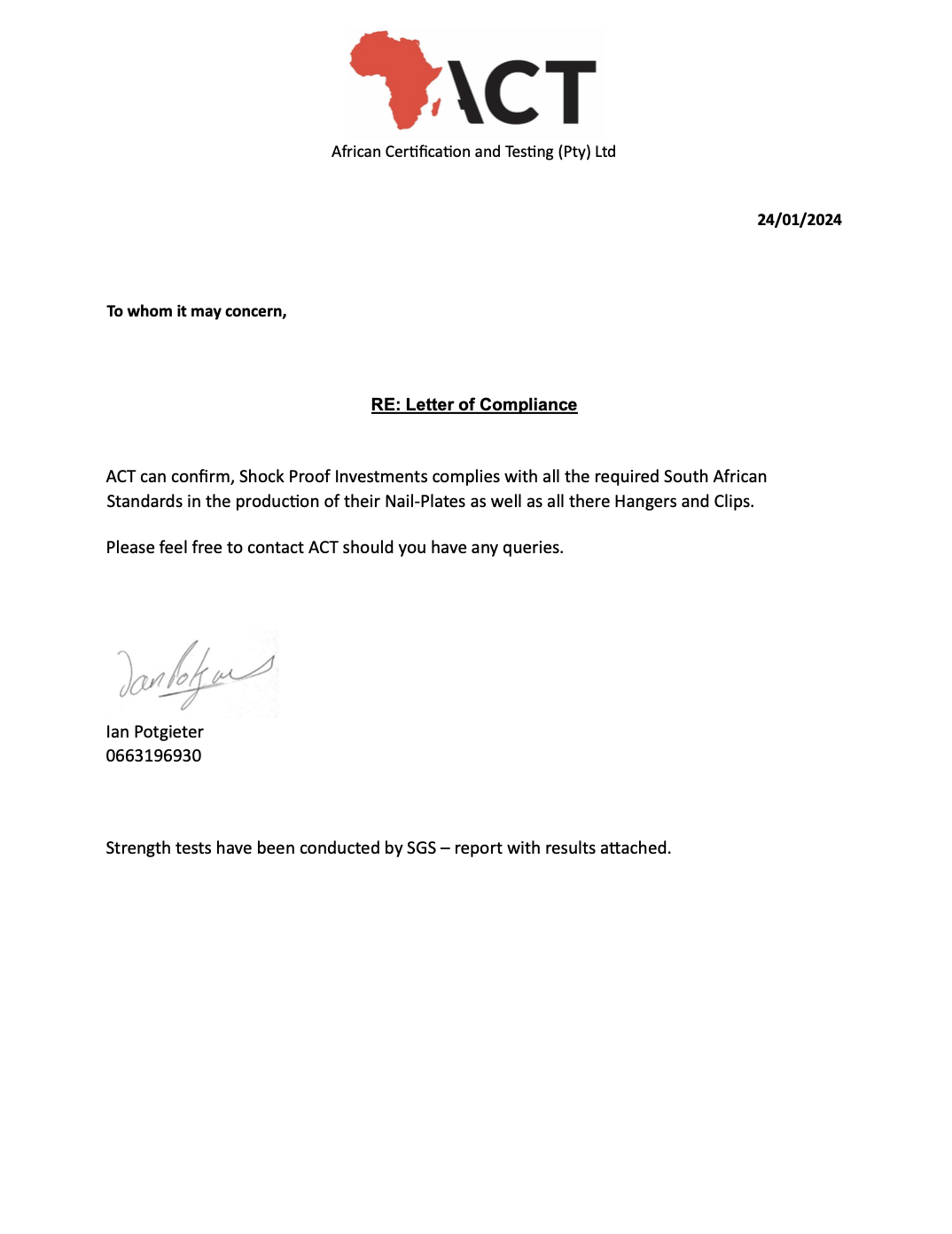 ACT - Letter of Compliance