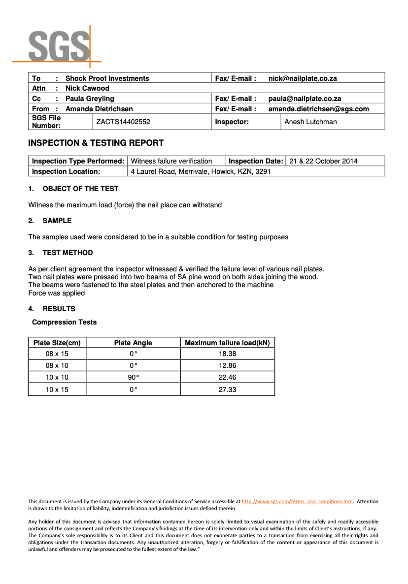 SGS Test Performance Report - On All Roofing Products That Shock Proof Investments Supply