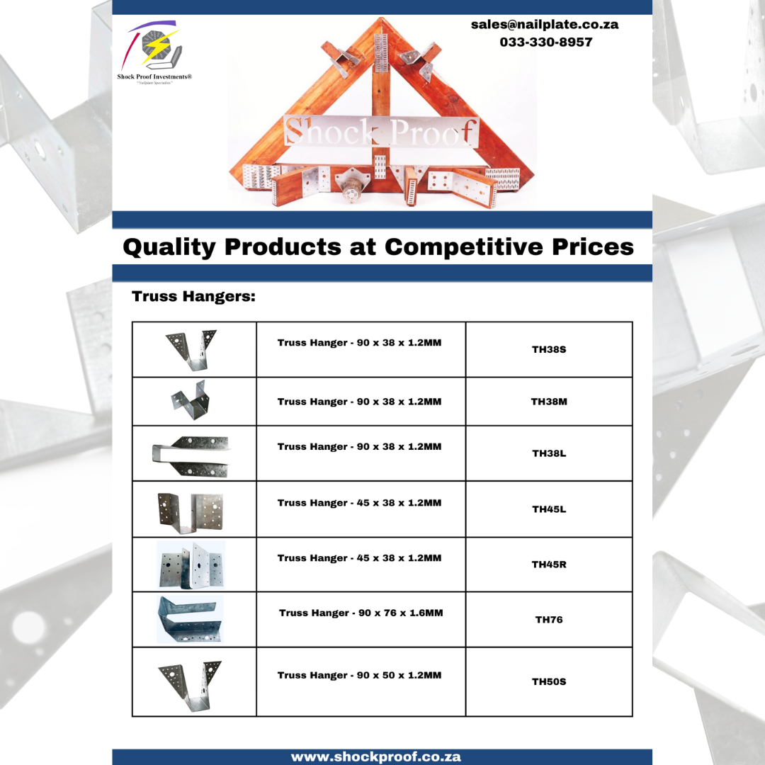 Promotional flyer for Shock Proof Investments showcasing truss hangers with sizes and model numbers listed, company contact details, and website information.