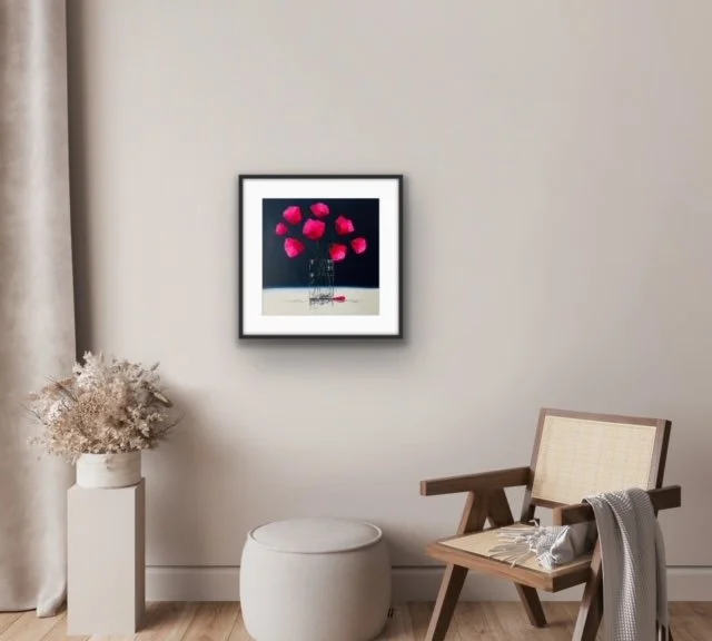 Magenta Poppies on Navy framed in situ 2.JPG