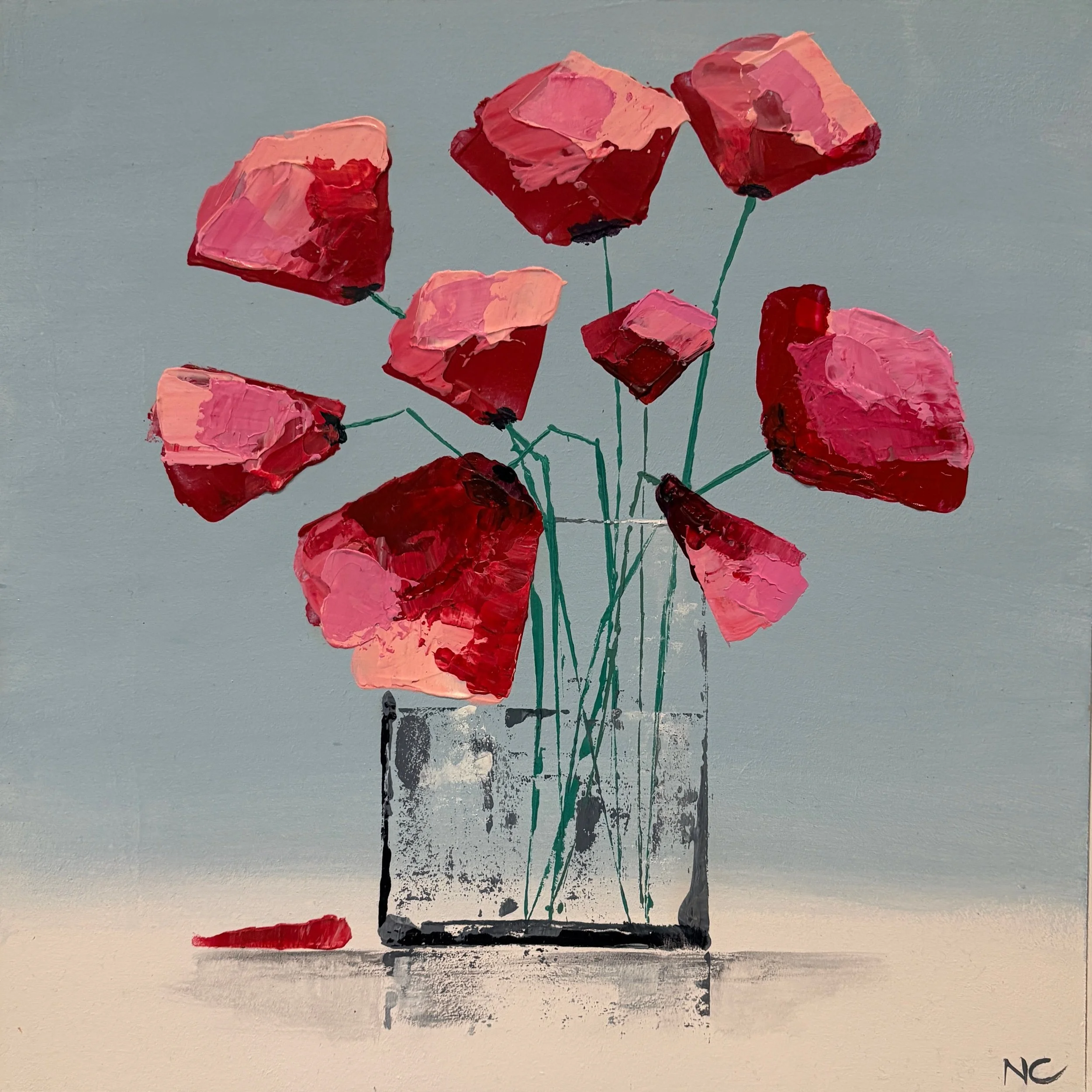 Pink Poppies on Aquamarine