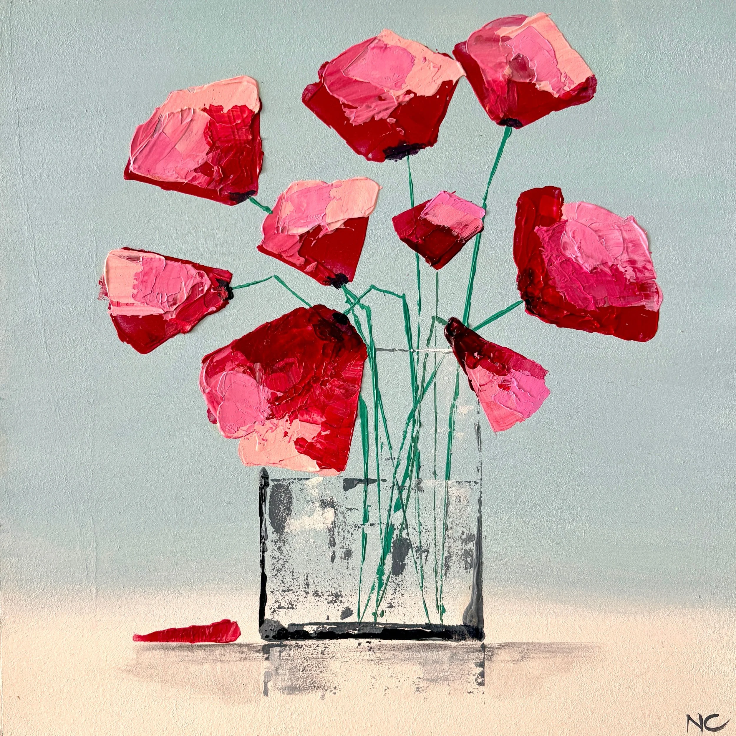 Pink Poppies on Aquamarine