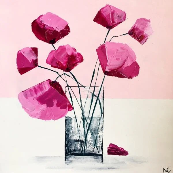magenta poppies in a clear glass vase painted in impasto style against a paler pink background and white foreground