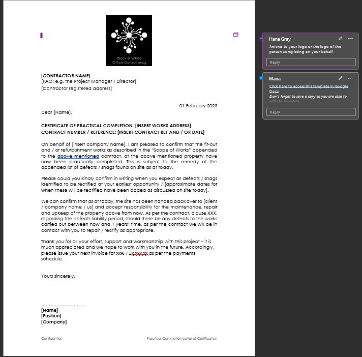 Certificate Of Practical Completion Template