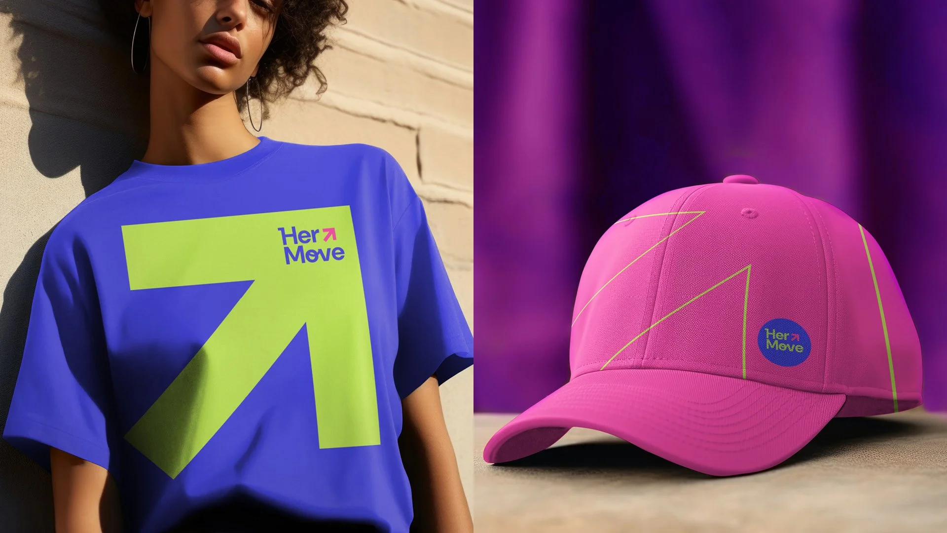A woman wearing a blue T-shirt with the words 'Her Move' and a pink and green logo, standing against a beige wall, and a pink cap with the same logo and colorful lines on it, placed on a flat surface.