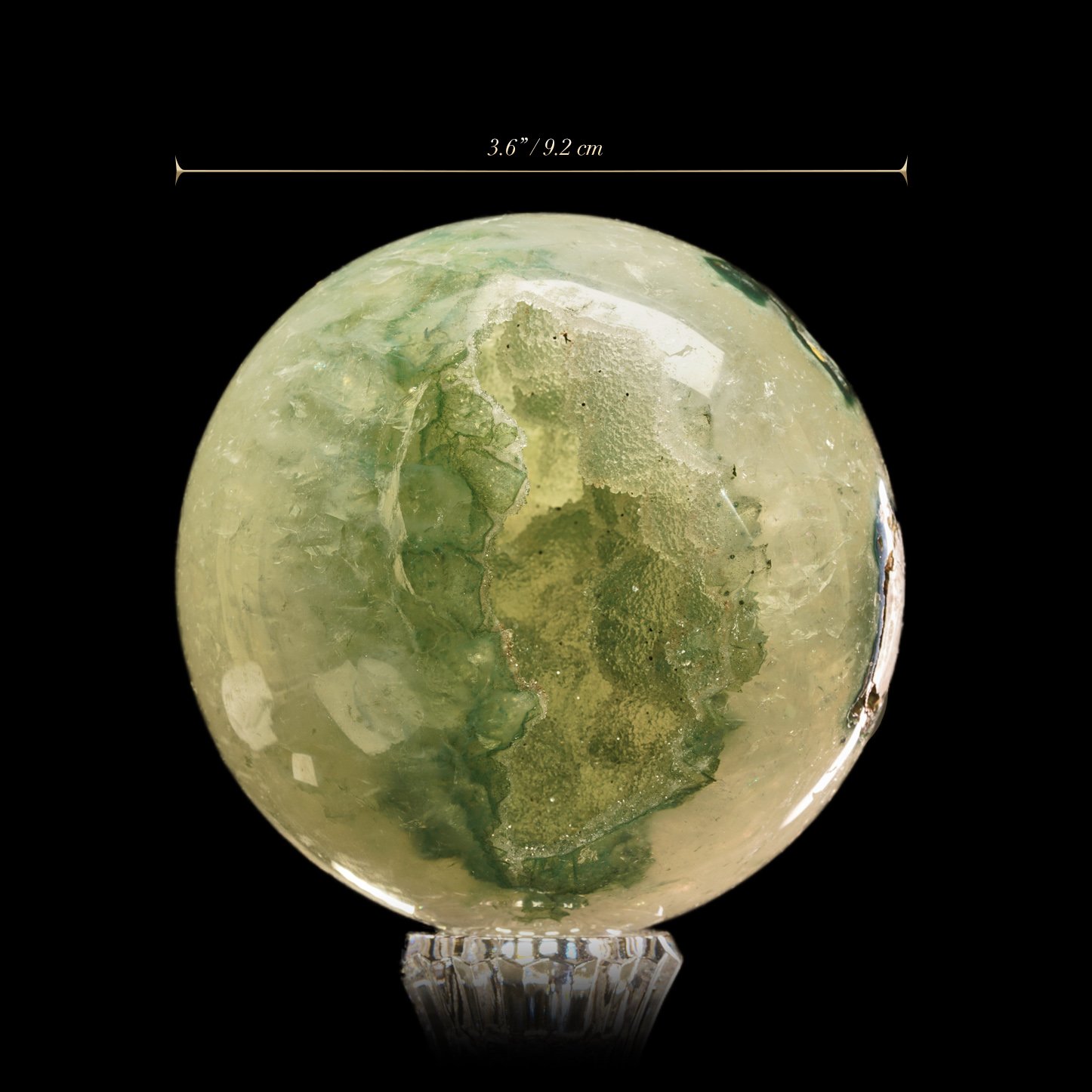 A photo displaying the sphere's measurements. The measurements are: 3.6 inches or 9.2 centimeters diameter
