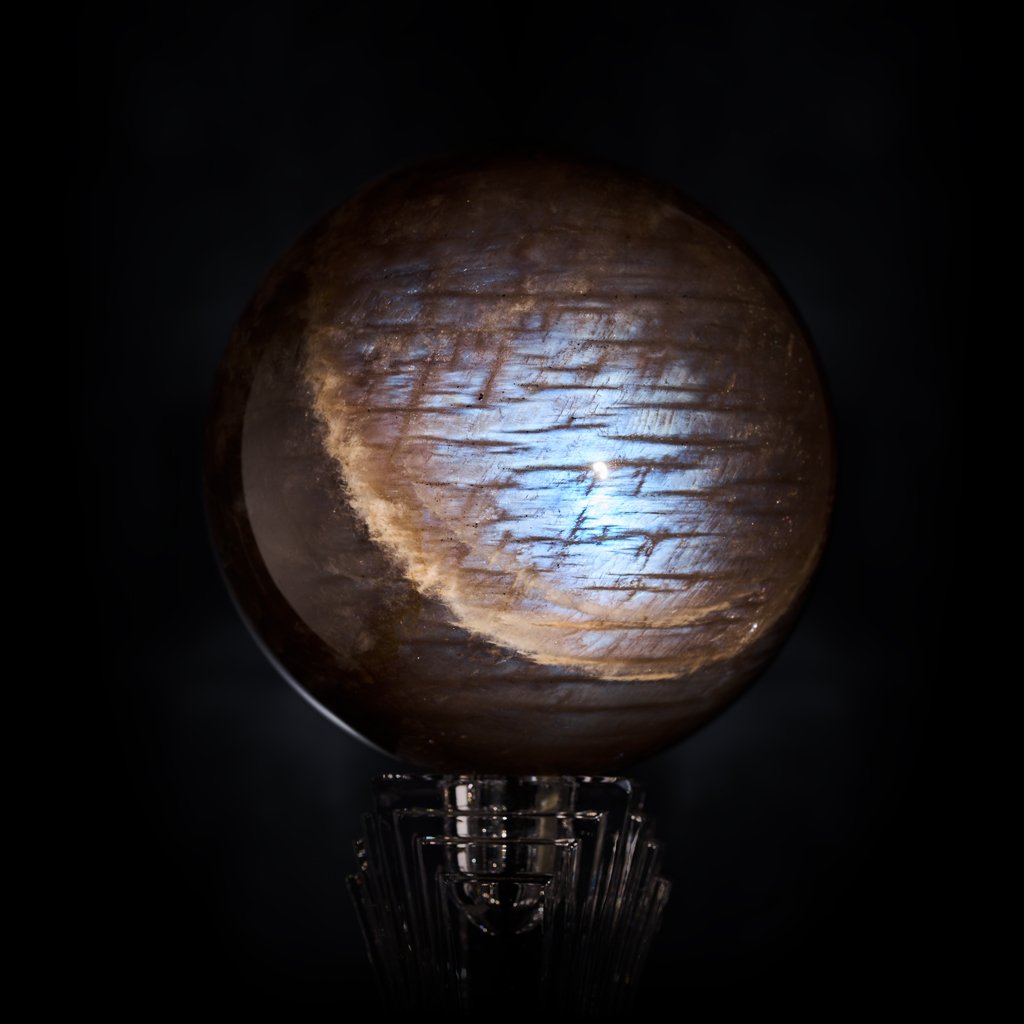 ambian Moonstone sphere with impressive blue and silver flashes.