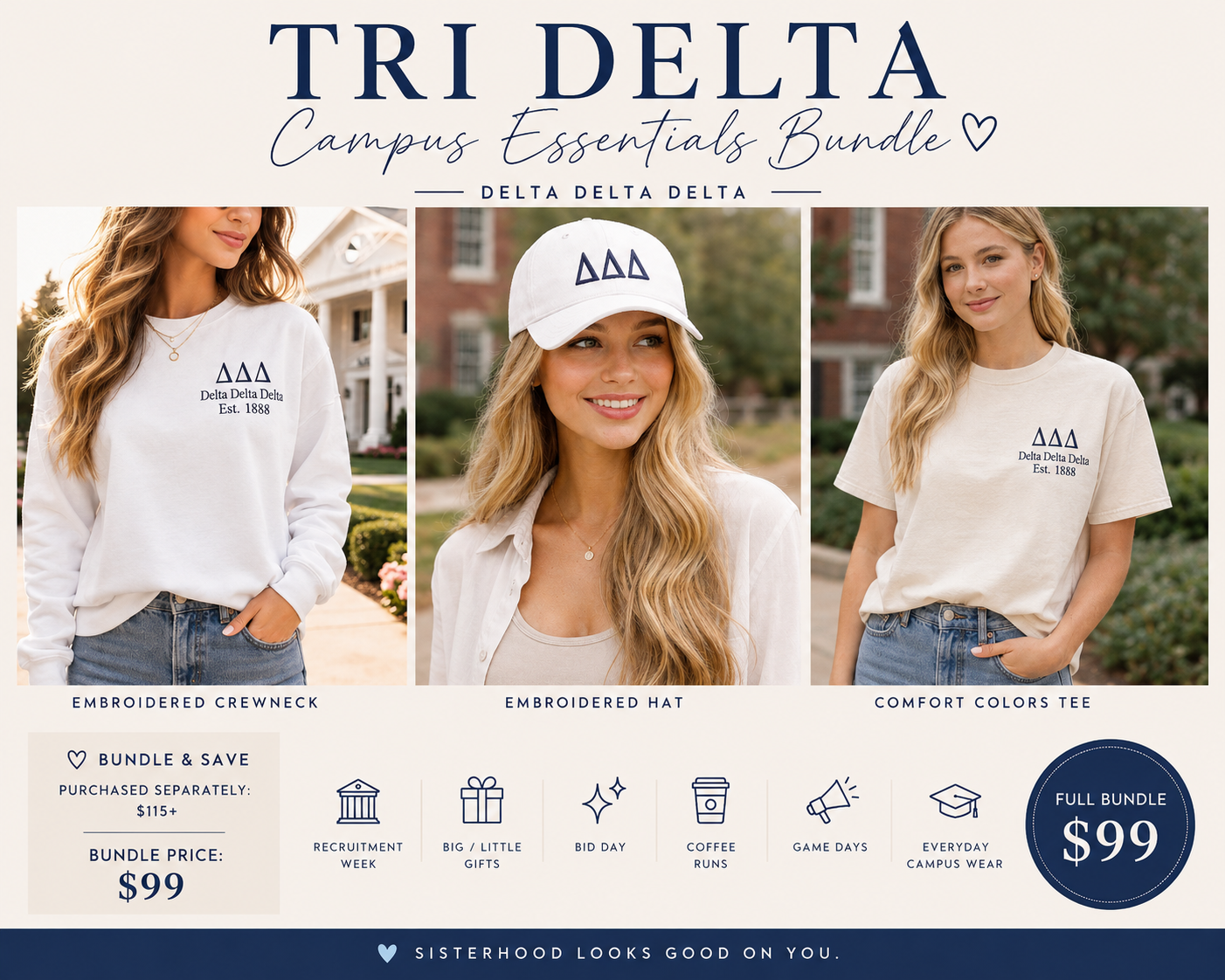 Premium Tri Delta Campus Essentials Bundle – Delta Delta Delta Sweatshirt, Tee & Ponytail Hat
