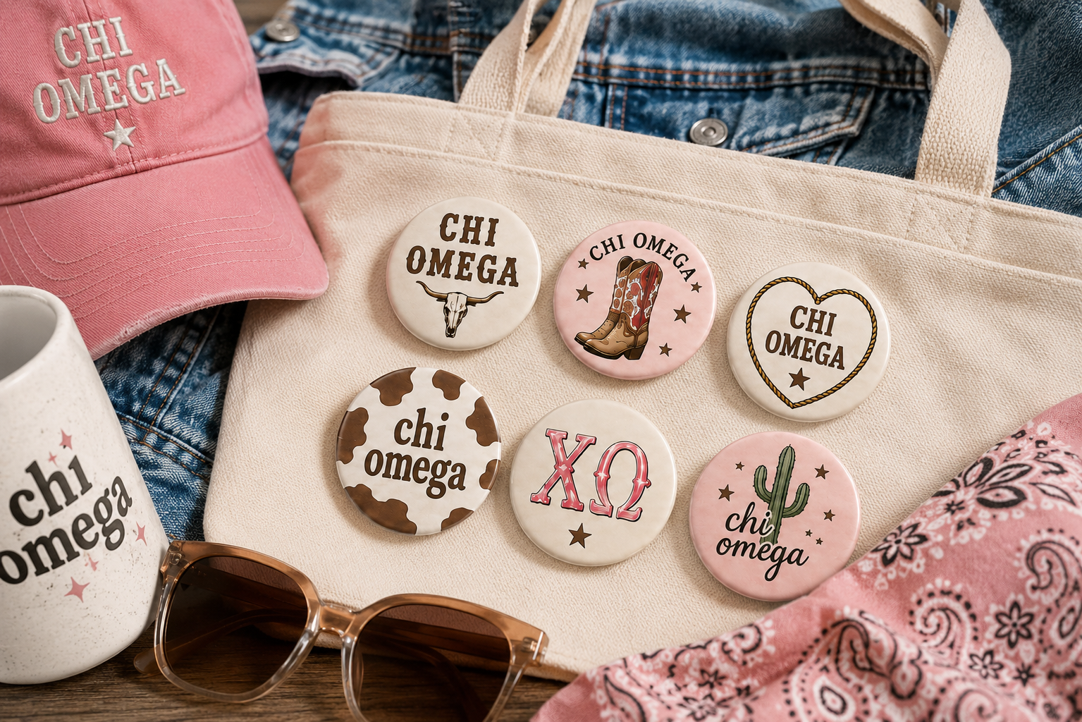 Premium Chi Omega Western Pin Back Button Collection | Official Sorority Buttons - ✨ Buy 3 Buttons, Get 1 Free Discount Auto Applies