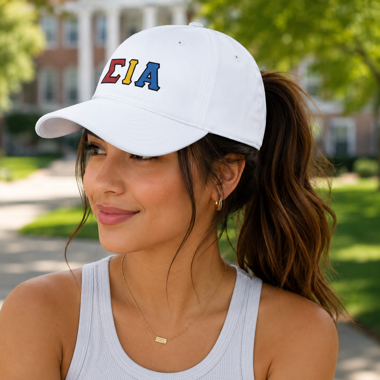 Premium Sigma Iota Alpha Embroidered Ponytail Hat – Multicolor SIA (White)