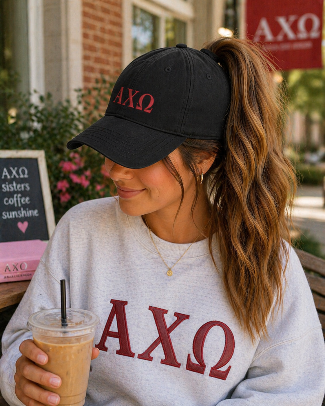 Premium Alpha Chi Omega Embroidered Ponytail Cap – Stacked AXO