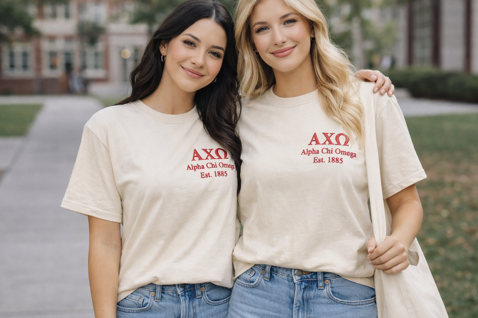 Custom embroidered Greek life apparel with left chest logo for sorority branding