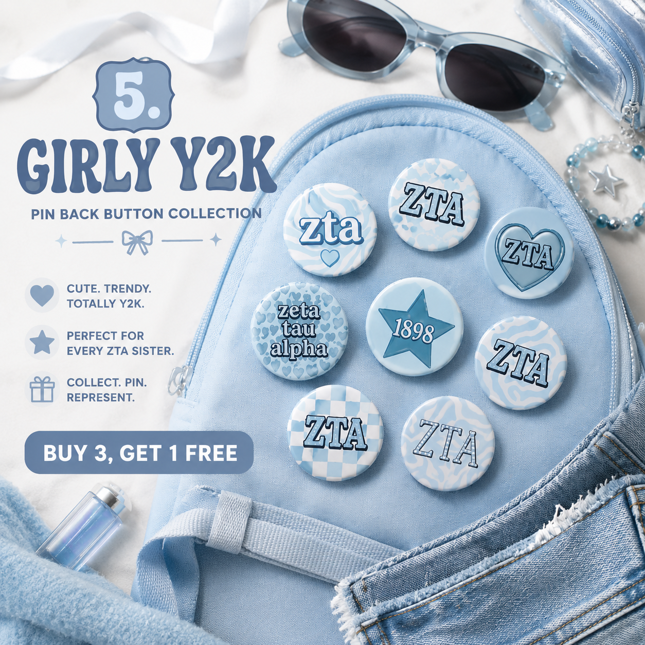Premium ZTA Girly Y2K Button Collection | Zeta Tau Alpha Retro Pins - ✨ Buy 3 Buttons, Get 1 Free Discount Auto Applies