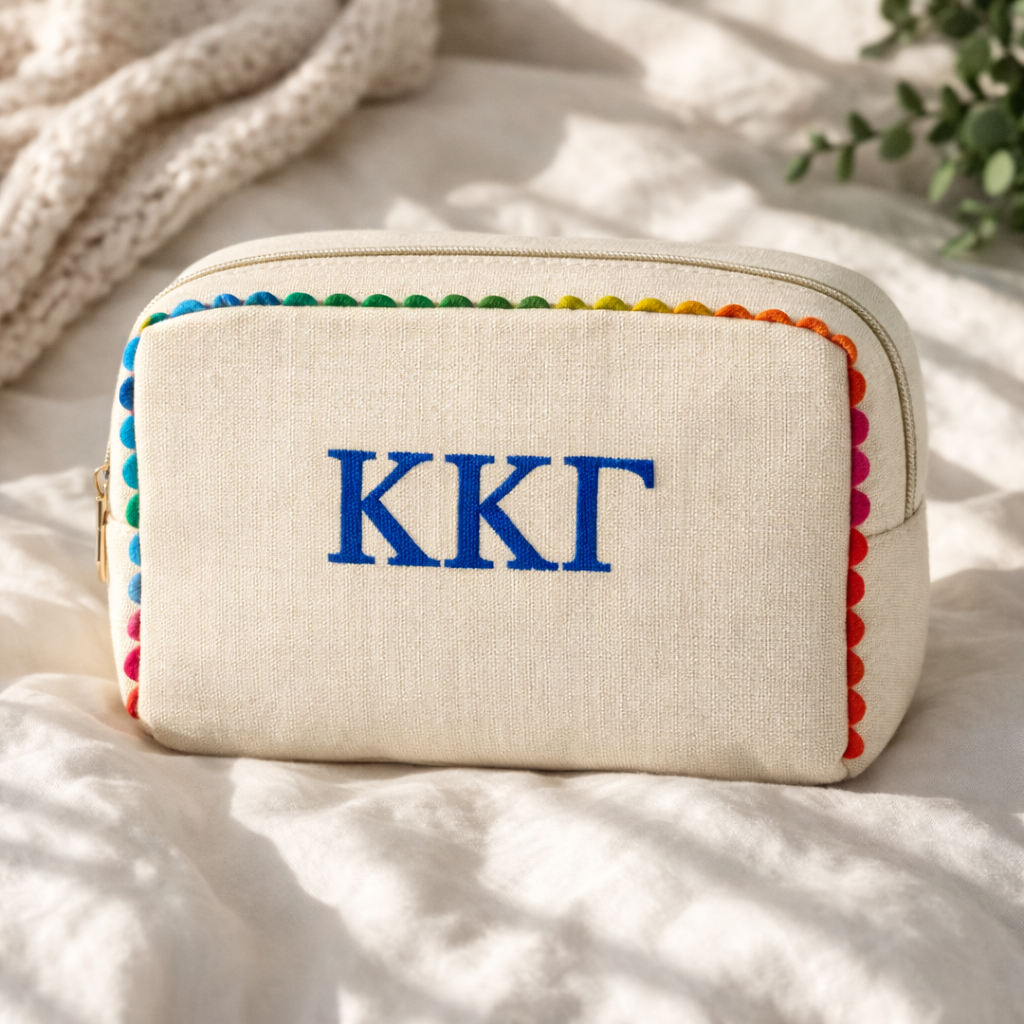 Sorority cosmetic pouch with custom embroidered Greek letters for Kappa Kappa Gamma
