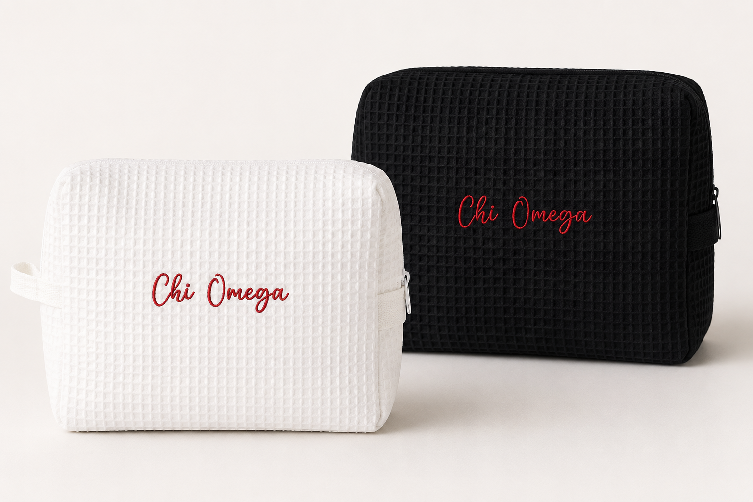 Premium Alpha Chi Omega Embroidered Waffle Cosmetic Bag – White & Black Options
