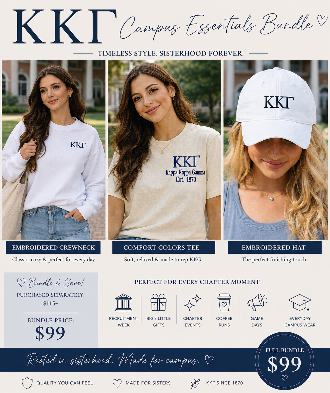 Premium KKG Campus Essentials Bundle – Kappa Kappa Gamma Sweatshirt, Tee & Ponytail Hat