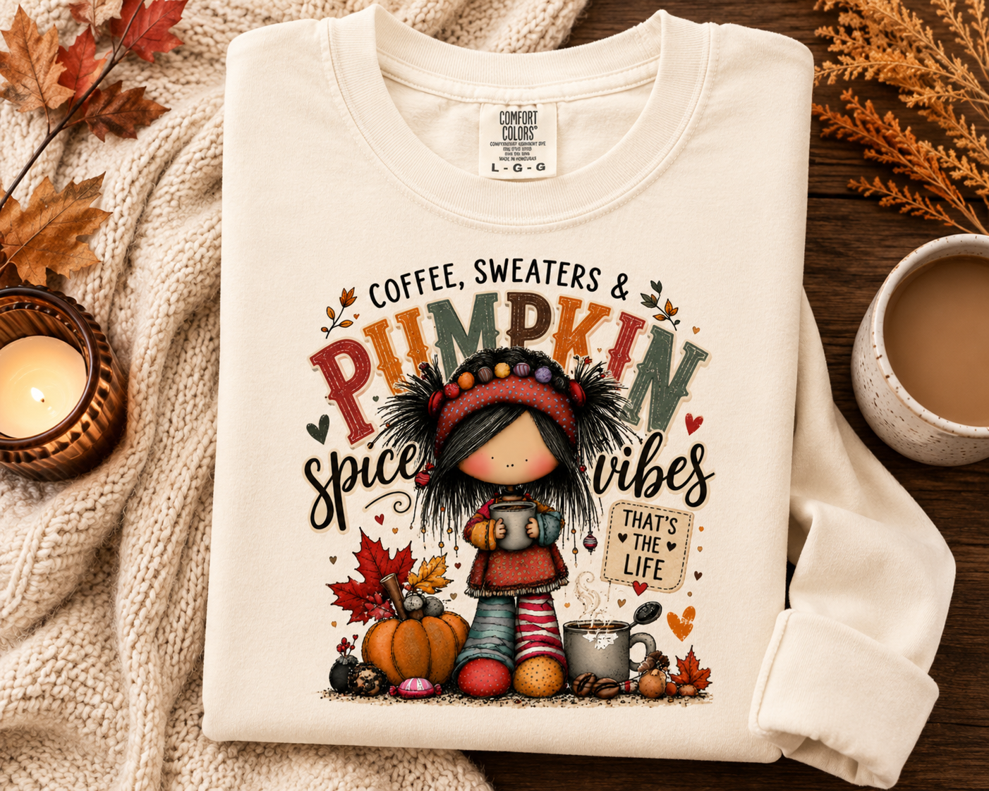 Coffee, Sweaters & Pumpkin Spice Vibes Comfort Colors Long Sleeve Tee