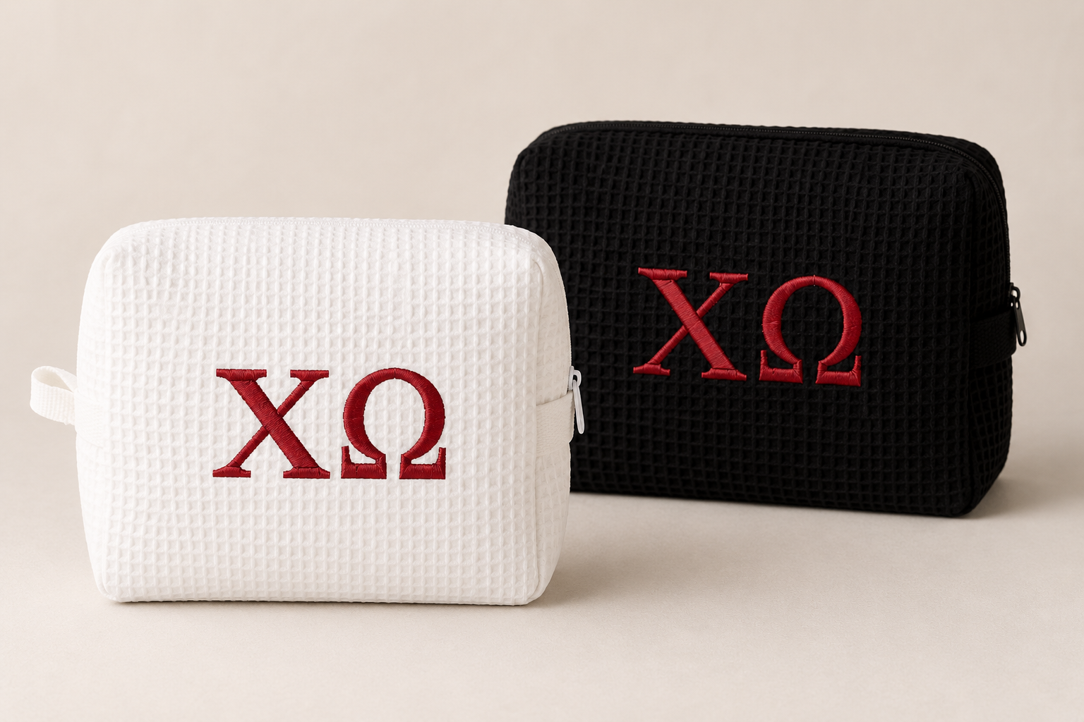 Premium Chi Omega Embroidered Waffle Makeup Pouch – Black or White Cosmetic Bag - Greek Letters