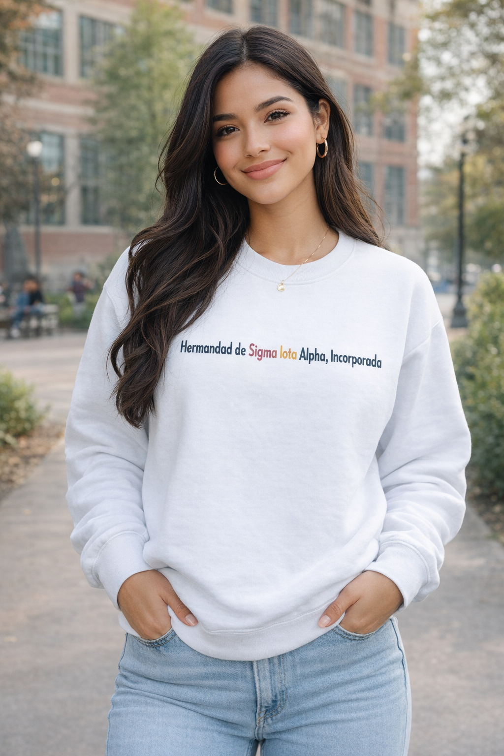 Girl wearing sigma Iota Alpha sweatshirt