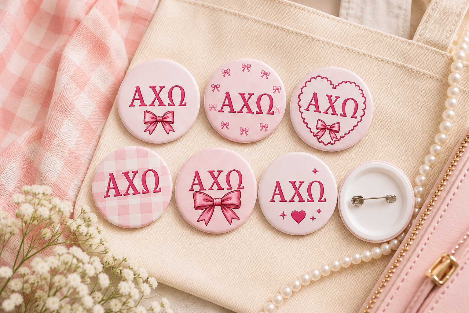AXO Coquette Button Collection – Licensed Alpha Chi Omega Pin Back Buttons