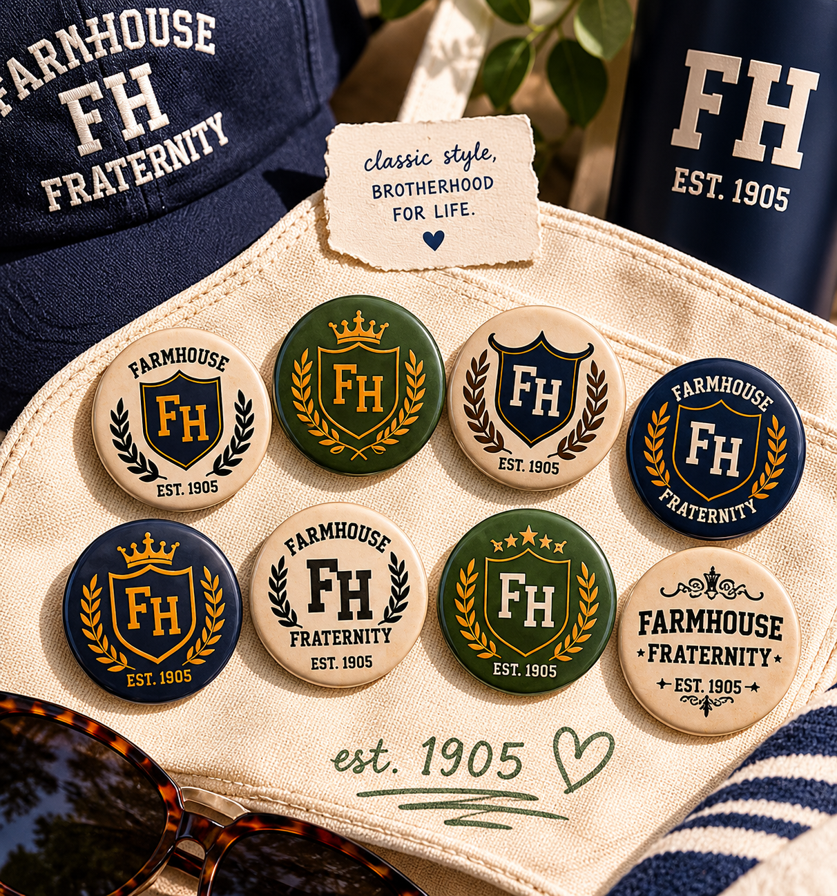 FarmHouse Classic Crest Pin Back Button Collection – Official FH Fraternity Buttons