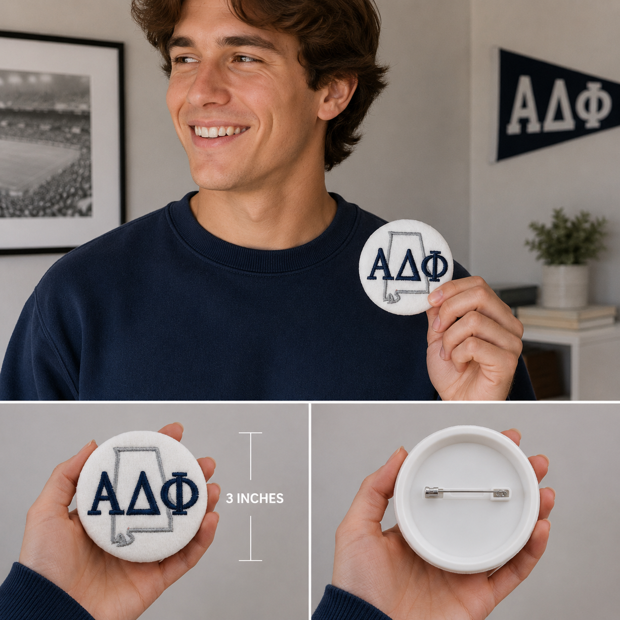 Official Fraternity Embroidered Pin Back Buttons | 3" Greek Life Accessories