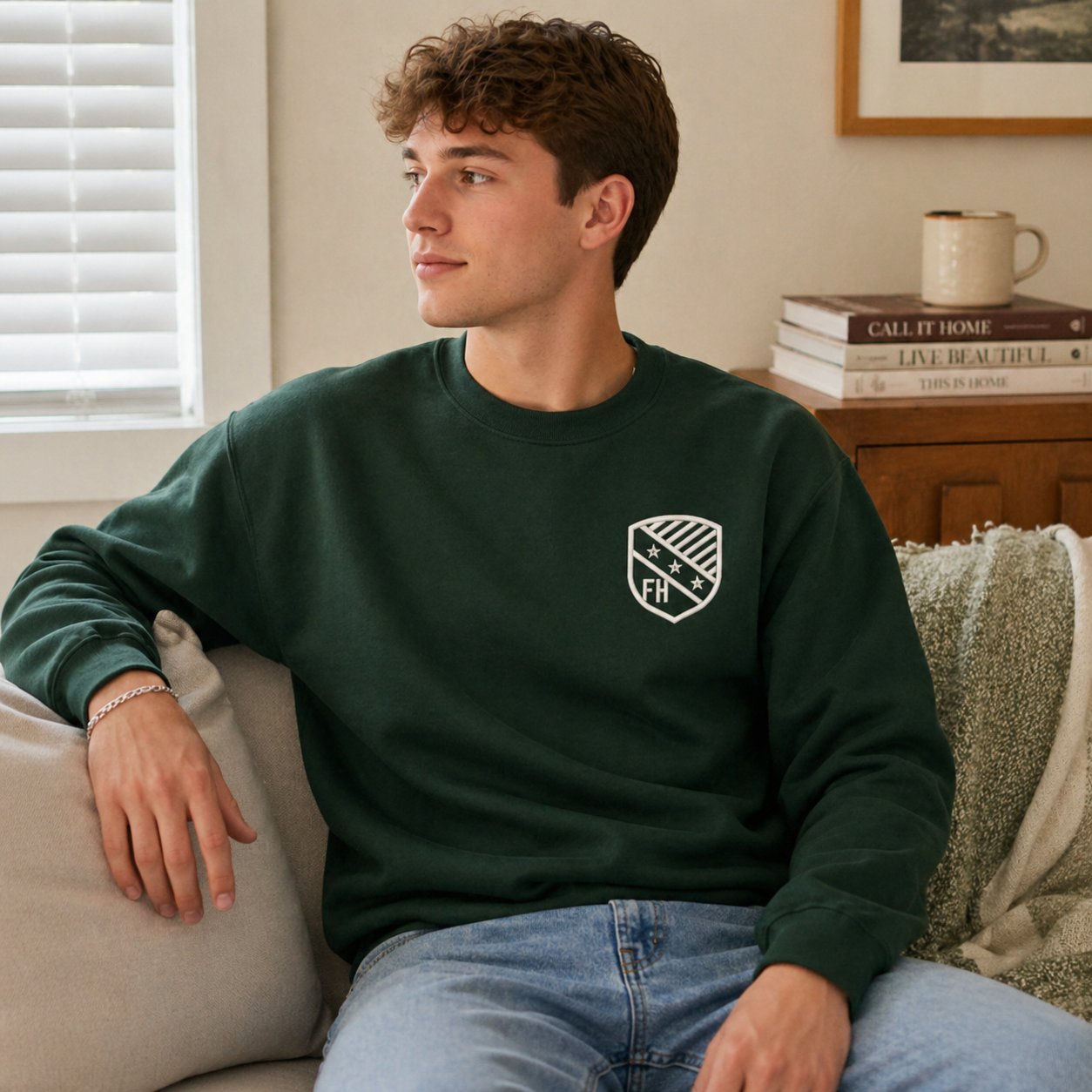 Man wearing fraternity crewneck