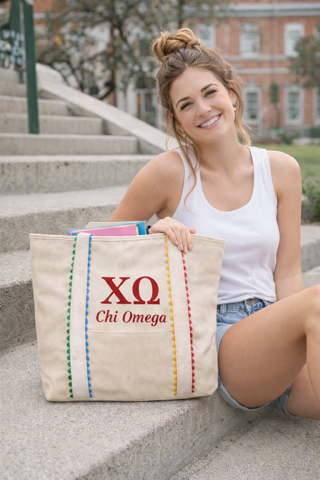 Sorority tote bag with custom embroidered Greek letters for Chi Omega