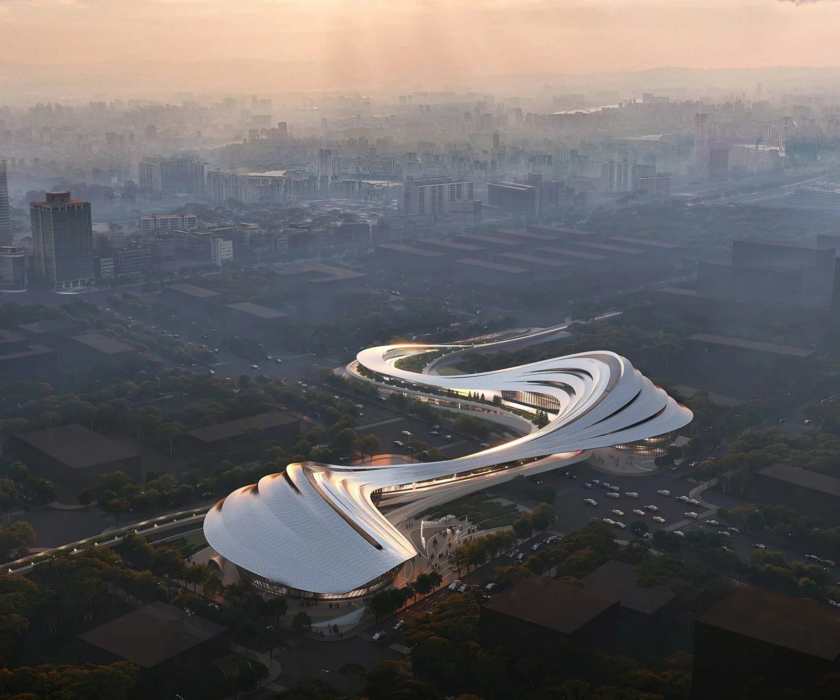 Zaha Hadid Architects' winning entry for Jinghe echoes a naturally eroded river valley