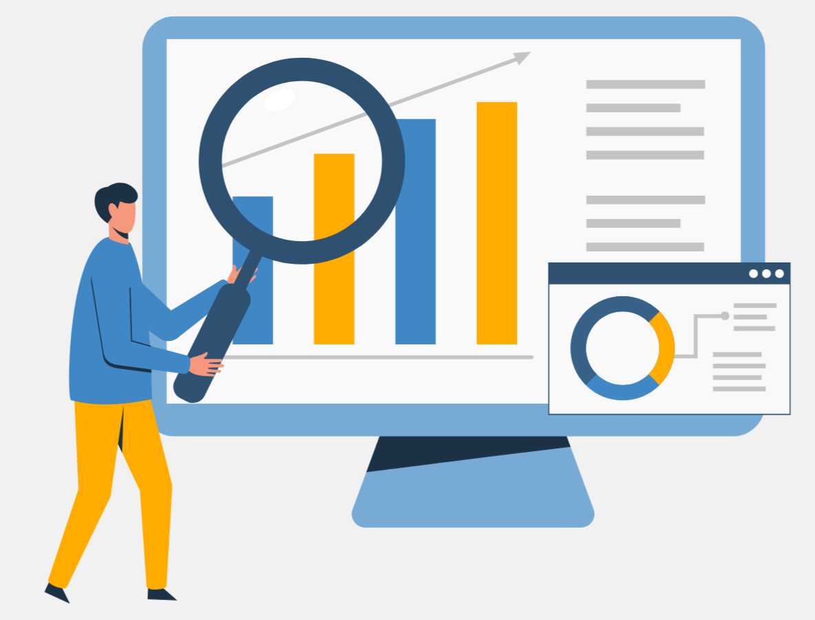 A grphic showing someone reviewing bar and pie charts