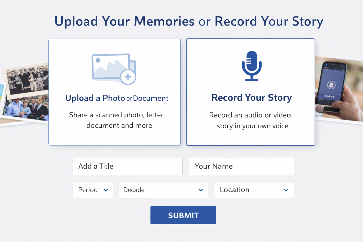 Online interface inviting residents to upload memories or record an audio or video story for a community anniversary archive