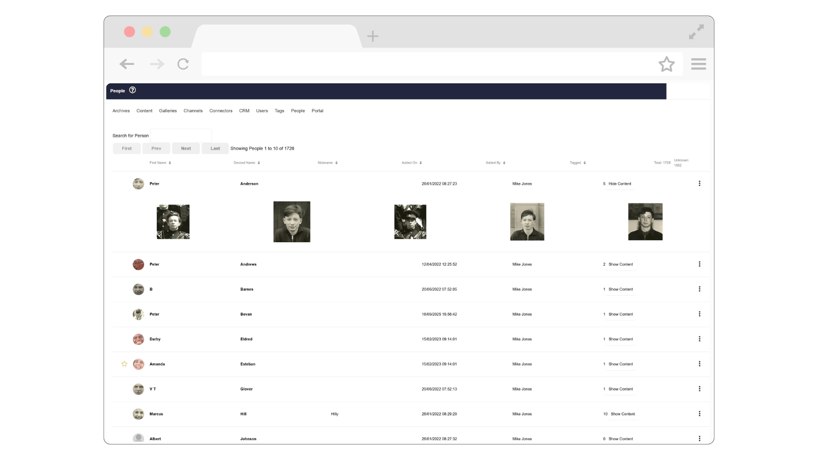 Screenshot of the YourArchive people management interface showing grouped photographs of the same individual to support identification and tagging.