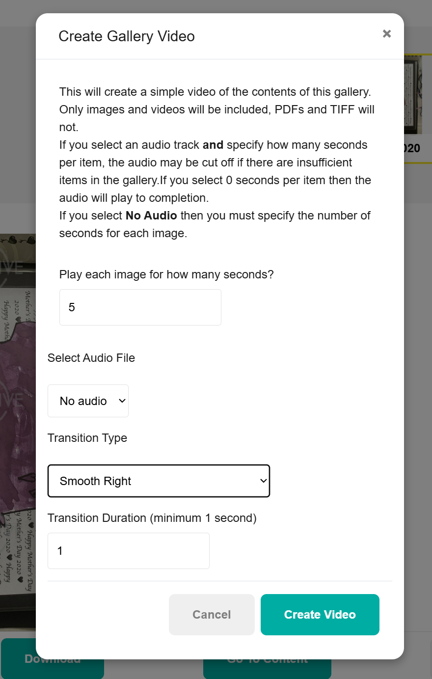 A screenshot of the video creation tool within YourArchive - showing how quick it is to create a video from your archive content