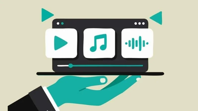 A graphic showing a hand holding a laptop, with icons indicating video, images and audio to demonstrate how your archive can become so much more than a digital repositary.