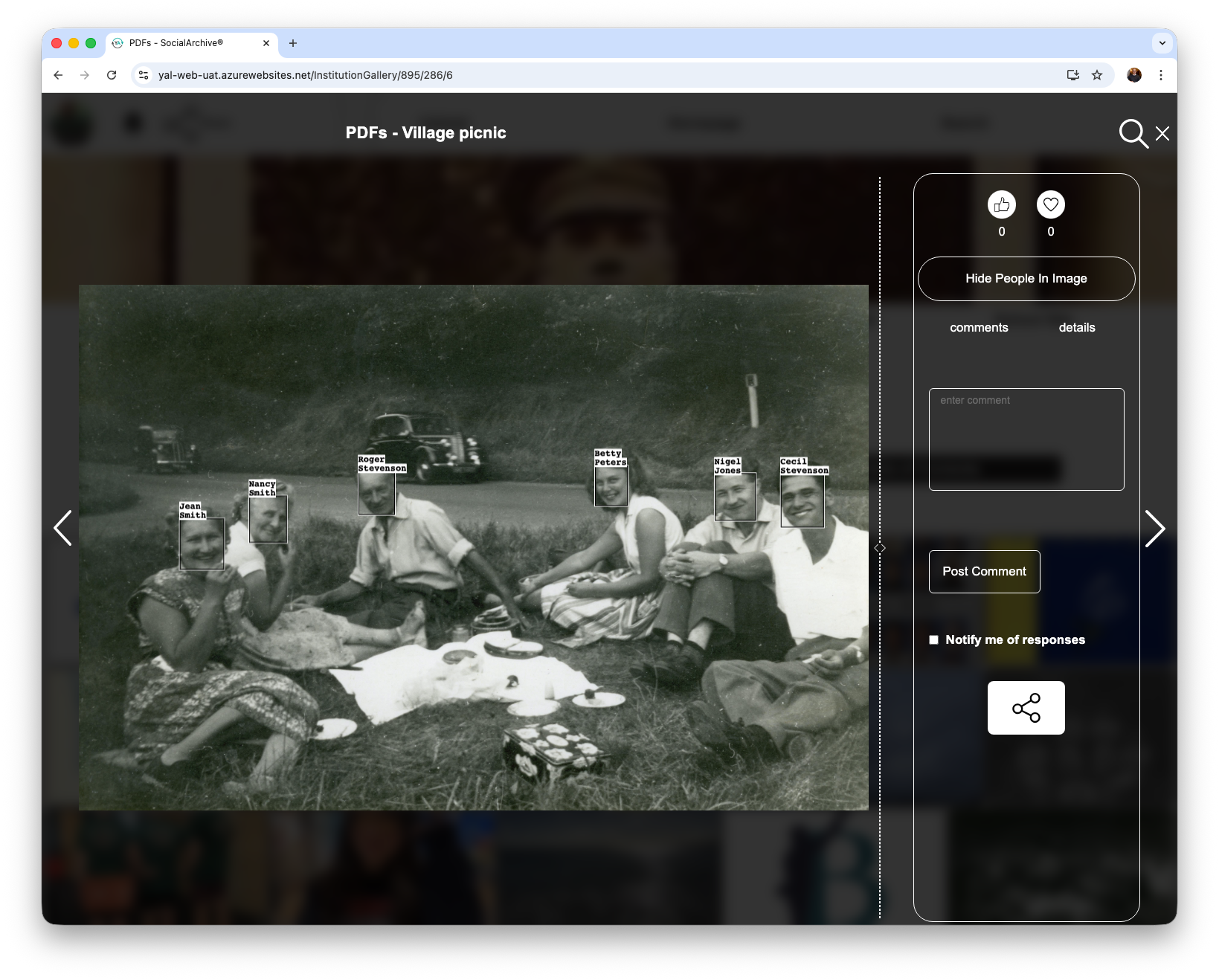 An image showing a screenshot of a 'village picnic' in a community archive. It shows YourArchive's facial recognition identifying people in the image