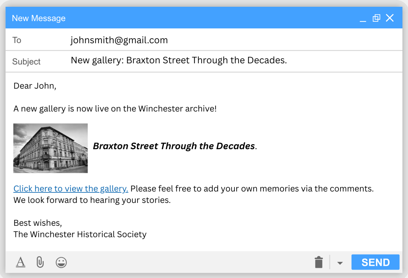An image showing an email alerting community members to a new gallery live on the archive.