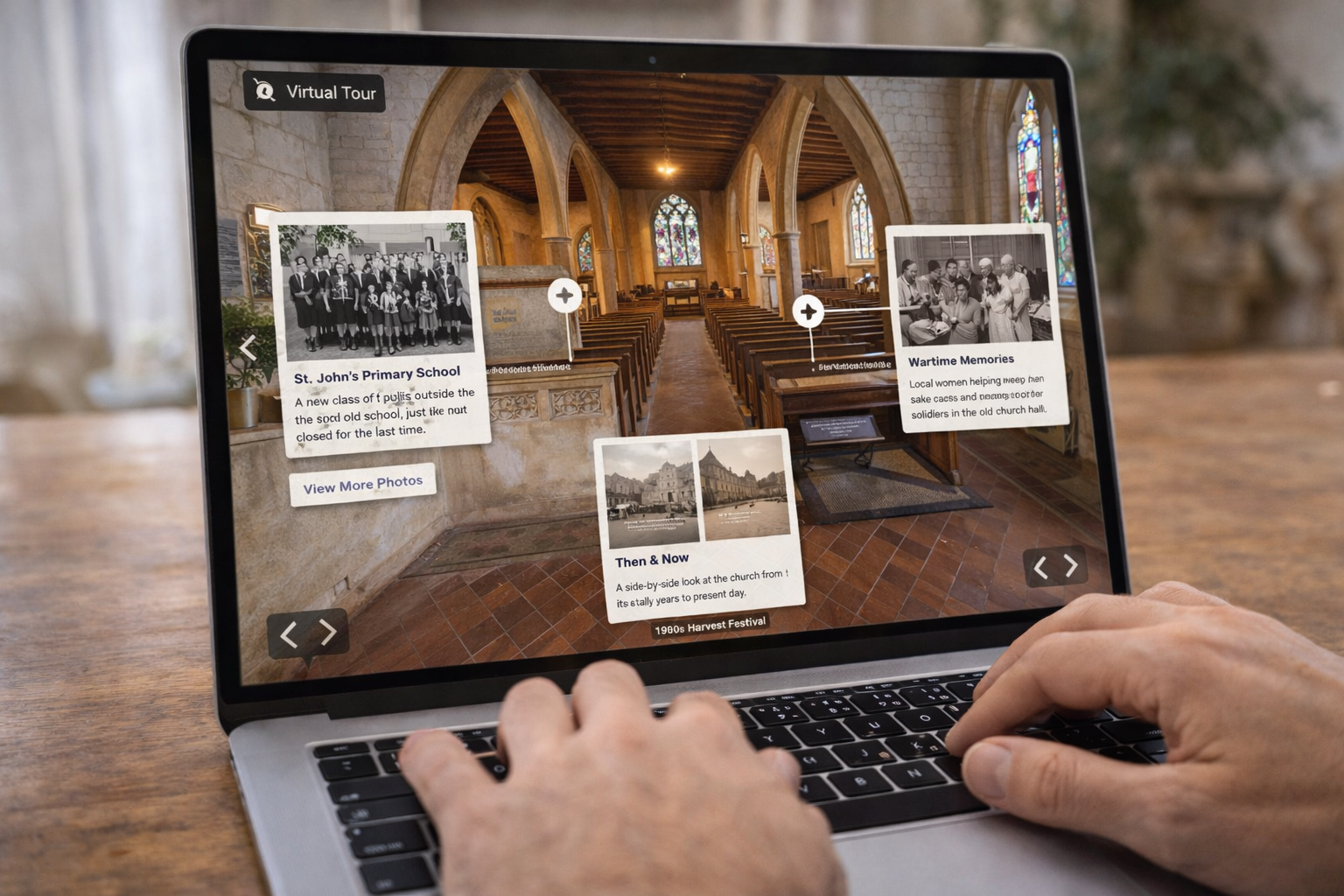 Interactive virtual tour sharing community heritage stories and archival photos online