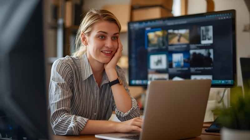 An archivist or heritage professional at a desk, looking pleasantly surprised or intrigued while viewing a digital archive on a laptop or large screen  Old photographs, documents or boxes subtly visible in the background.