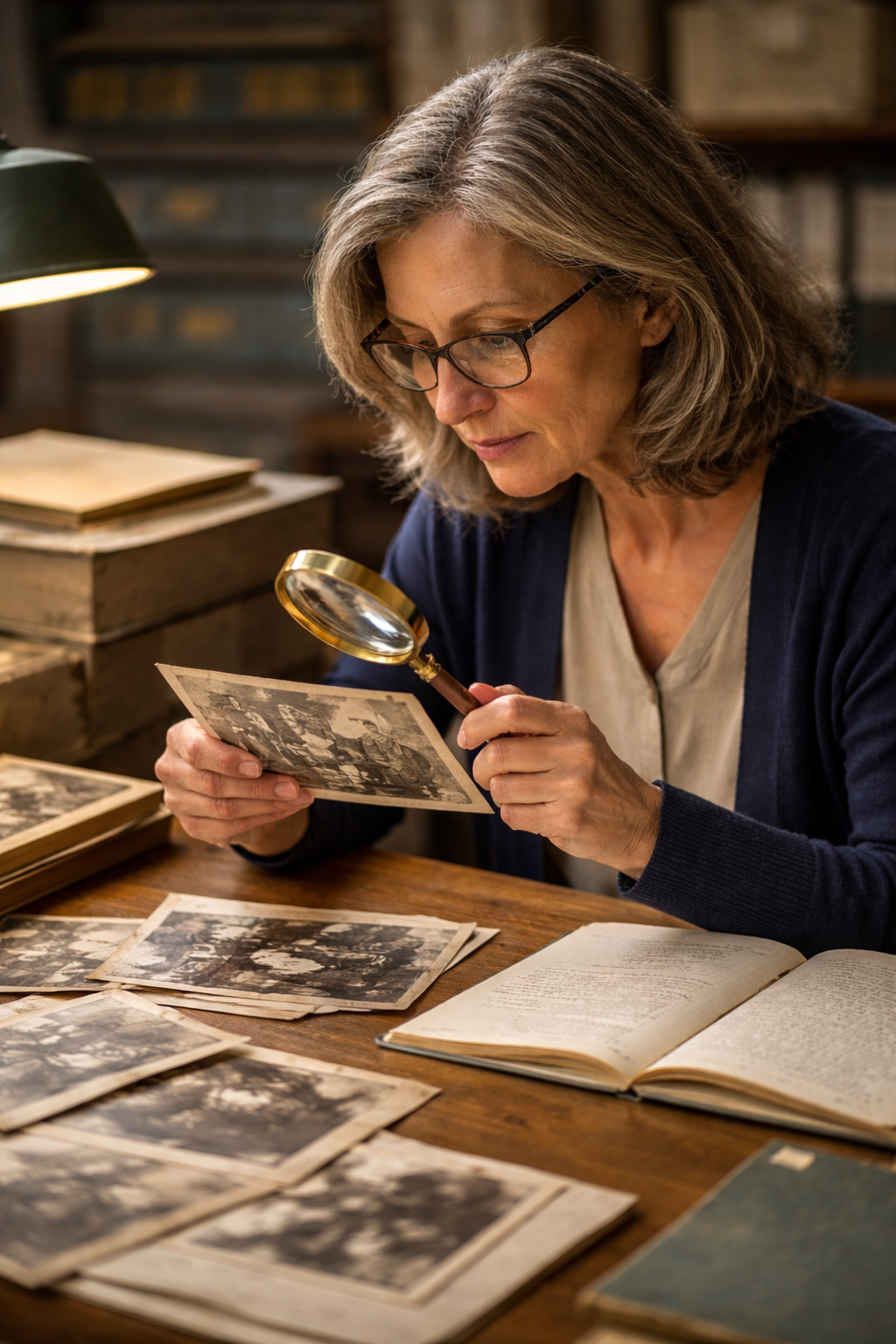 Archivist studying an old black-and-white photograph with a magnifying glass while reviewing archival notes, representing the process of identifying people in historical images.