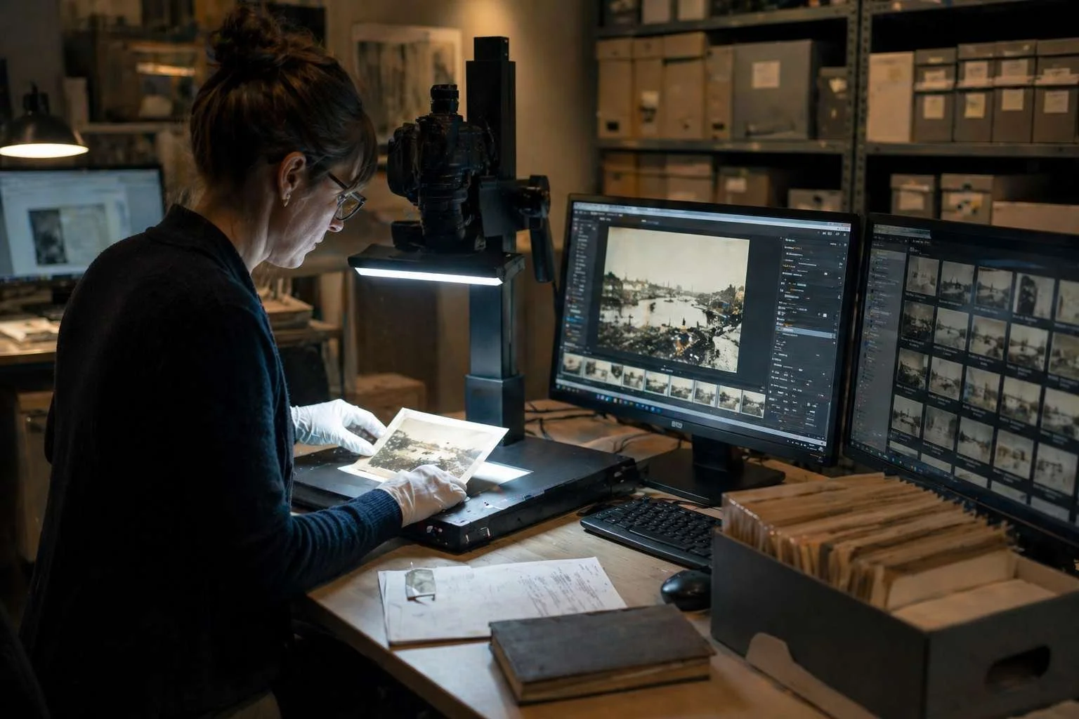 Archivist digitising historical photographs using a flatbed scanner and dual monitors, demonstrating a modern digital archive workflow combining preservation and metadata management.